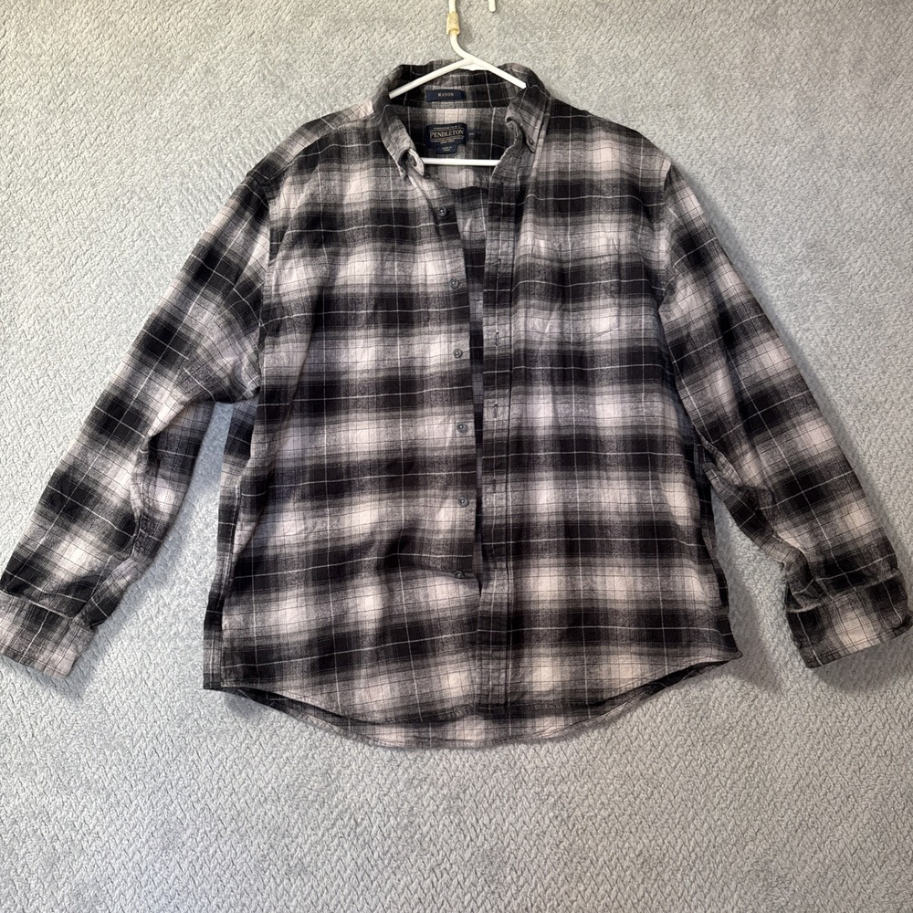 Pendleton Mason Flannel Shirt Mens Sz XL Gray Black Plaid